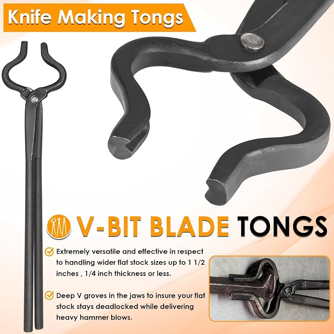 Blacksmith Tongs Knife Making Tongs Set Flat Tongs, Blade Tongs & V-Bit Tongs Assembled Bladesmith Steel Forge Tongs Anvil Blacksmithing Tongs (3 Tongs)