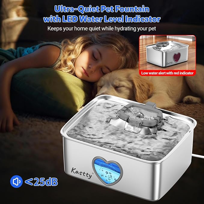 Kastty Large Dog Water Fountain, 15L/3.96Gal Stainless Steel AUTO Pet Water Bowl Dispenser Inside, 5-Stage Filtration, Dual-Color LED, Visual Window, Quiet, for Large Dogs & Multi-Pet, FS80