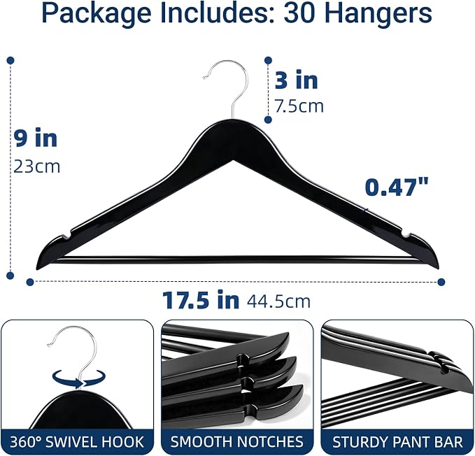 Amber Home 30 Pack Wooden Coat Hangers, Black Wood Suit Hangers with Non-Slip Pant Bar, Clothes Hangers for Closet Organization, Shirts, Jackets, Dresses, and Pants (Black, 30)
