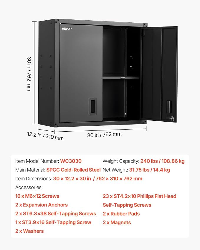 VEVOR Metal Wall Cabinet, 30W x 12.2D x 30H Inch, Steel Floating Hanging Storage Cabinet with Locking Doors and Adjustable Shelf for Garage, Basement, Kitchen, Warehouse Assembly Required, Black