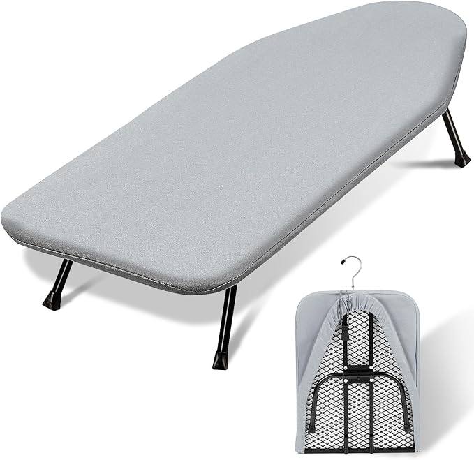 SheeChung Small Ironing Board 12"x32",Mini Ironing Board with Metal Mesh | Foldable,Tabletop,Hanging Hook,Cotton Cover,Heat Resistant Pad,Space Saving,Non-Slip Feet,Fits for Dorm Travel Sewing Room