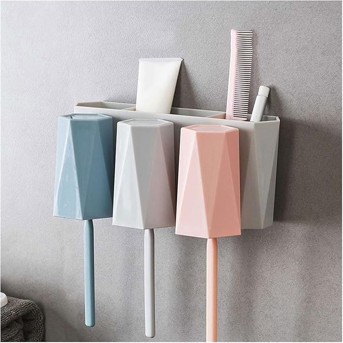 Toothbrush Rack Wall-Mounted Toothbrush Holder Hole-Free Bathroom Storage Rack with Three Sinks and Cups for Toothpaste and Makeup Bathroom Toothbrush Holder(A)