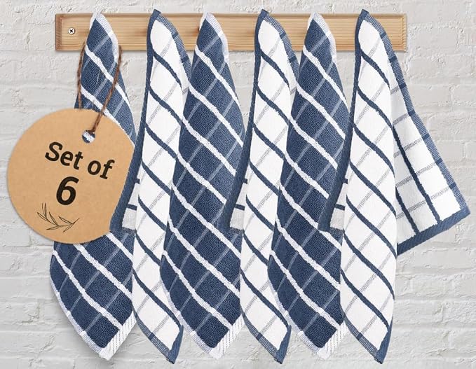 Urban Villa Kitchen Towels Cotton Dish Towels 12”x12” (Set of 6) Blue White