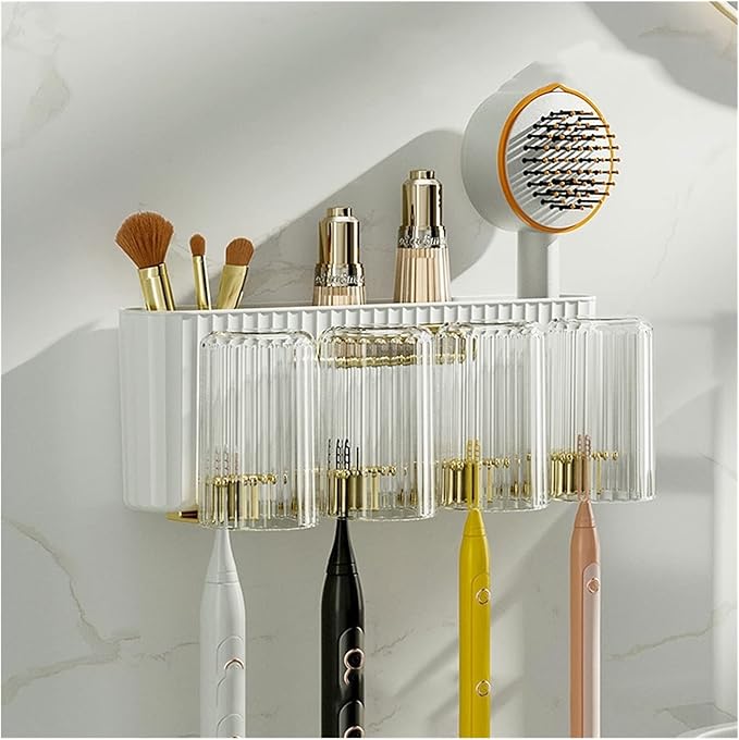 Toothbrush Rack Wall Mounted Toothbrush Holder Multifunctional Mouthwash Cup Brushing Cup Automatic Toothpaste Dispenser Squeeze Kit Bathroom Toothbrush Holder(A,XL)