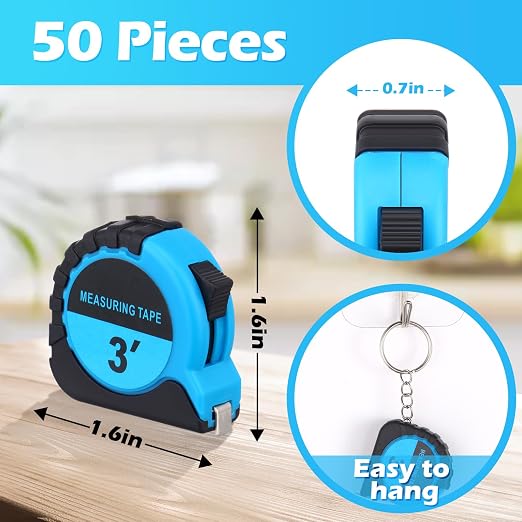 Kanayu Mini Tape Measure Keychains 3 ft Small Retractable Measuring Tape Bulk with Lock Steel Easy Read Pocket for Birthday Party Favors Daily Use(3 ft,Blue,50)