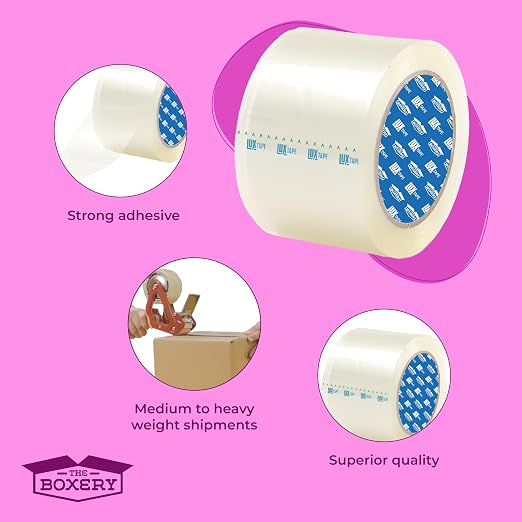 The Boxery 3" x 110 Yards Clear Packing Tape – 24 Roll Carton – Strong Industrial Grade Adhesive for Shipping, Moving & Packaging – Heavy Duty 2.2 Mil Box Sealing Tape
