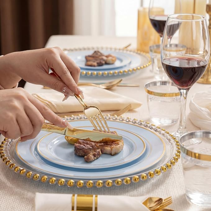 WDF Partyware 175PCS Blue Plates Disposable - Baby Blue Plastic Plates - 25Guests Plastic Dinnerware with Rolled Napkins for Wedding/Birthday/Baby Shower