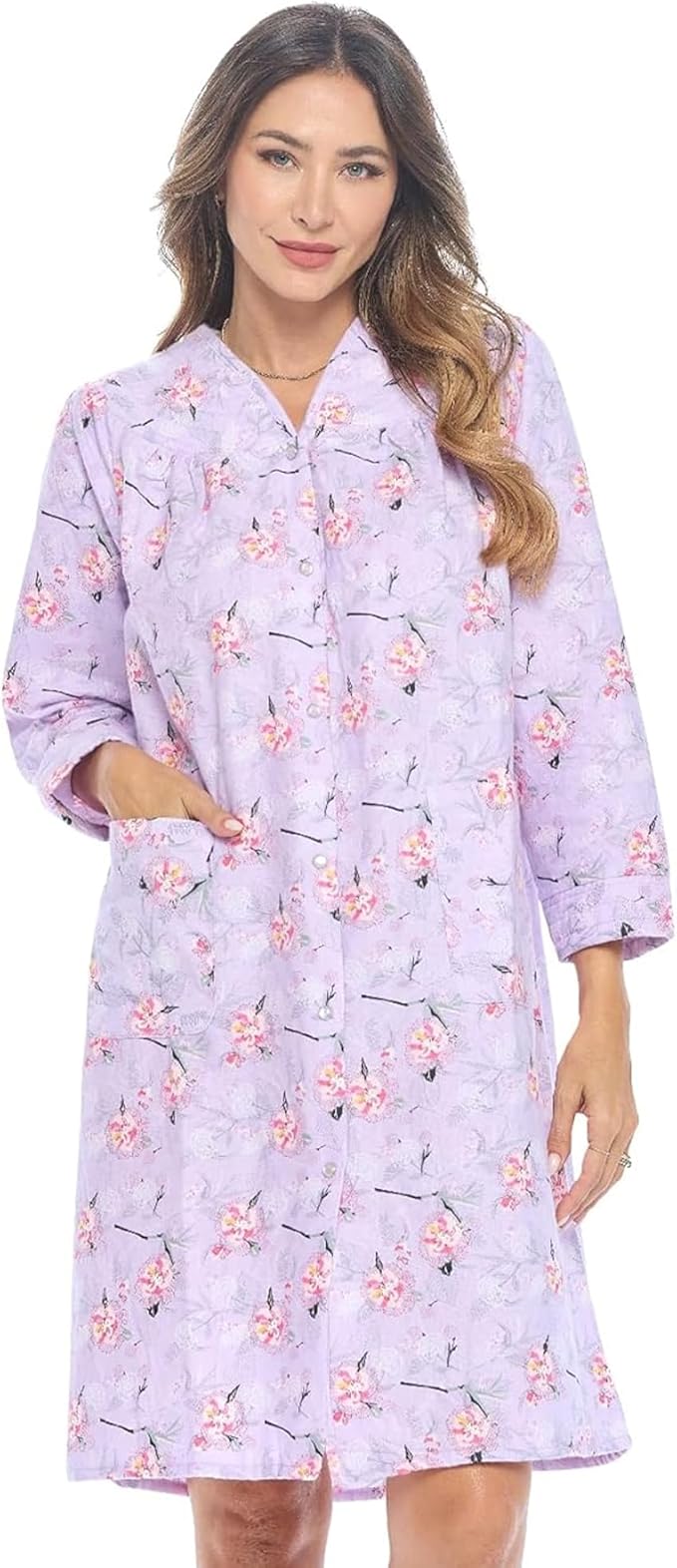 Casual Nights Women's Floral Snap Front Flannel Duster Long Sleeve Lounger Dress