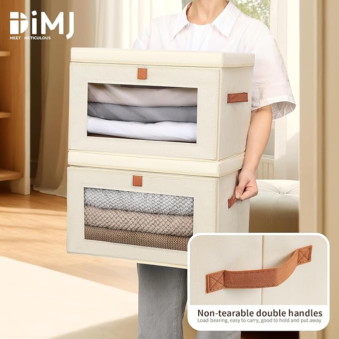 DIMJ Storage Bins with Lids - 4 Pack Fabric Closet Organizer with Window & Handles, Collapsible Decorative Storage Boxes for Shelves Under Bed, Books Clothes Blankets Sweaters Organization