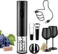 Electric Wine Opener Set Rechargeable, Automatic Corkscrew Set, Including Black Metal Wine Glasses of 2, Stainless Steel Wine Goblet, Ideal Gift for Wedding, Wine Lover, Birthday, Girl, Men