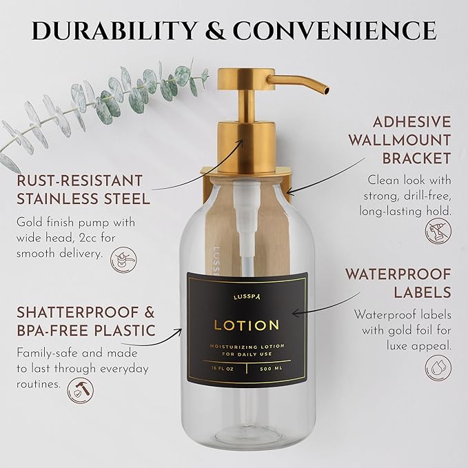 Shower Shampoo Dispenser Wall Mounted – Refillable 16.9 oz Clear Bottle with Stainless Steel Pump & No-Drill Adhesive Holder – Soap Dispenser for Bathroom (1 X Clear/Gold)