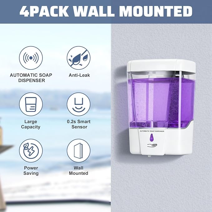 4 Pack Automatic Soap Dispenser Wall Mount,Touchless Liquid Soap Dispenser,Battery Operated,600 ml / 20 oz Commercial Hand Detergent Dispenser for Office Home Kitchen School Bathroom Hotel (White)