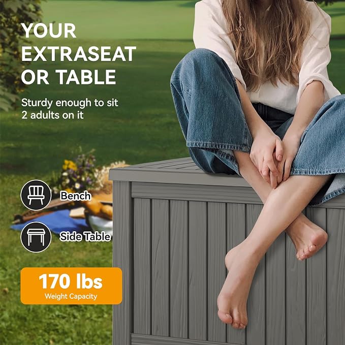 Outdoor Storage Box, 230 Gallon Large Outdoor Resin Deck Box, Storage Waterproof Boxes Lockable Lid for Garden Tools, Pool Supplies, Patio Furniture and Cushions, Grey