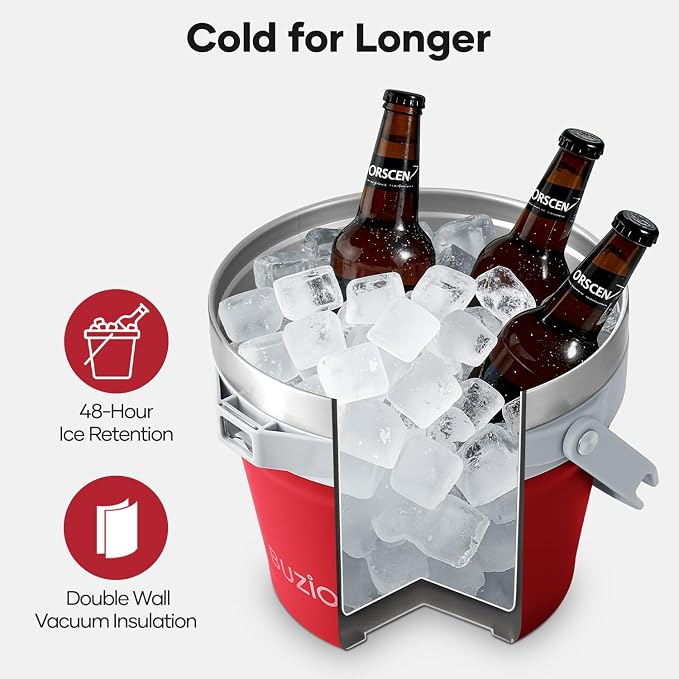 BUZIO 7.4 Qt/7 L Double Wall Insulated Ice Bucket with Lid Scoop & Tongs | Stainless Steel Beer Bucket for Party Cocktail Bar Champagne, Adjustable Shoulder Strap, Holds 6 Longnecks or 3 Wine Bottles