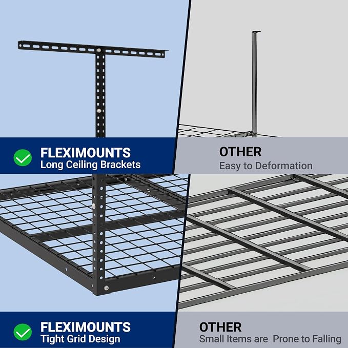 FLEXIMOUNTS 3x4 Overhead Garage Ceiling Storage Rack Organization, Black | 275lbs Weight Capacity, 22"-40" Adjustable Organization System, Heavy-Duty Metal Ceiling Racks, Classic Series
