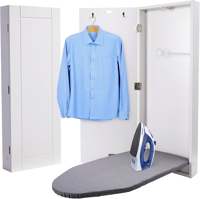 Ivation Wall-Mounted Ironing Board Cabinet, Foldable Ironing Storage Station for Home, Apartment, Easy-Release Lever, Garment Hooks, White