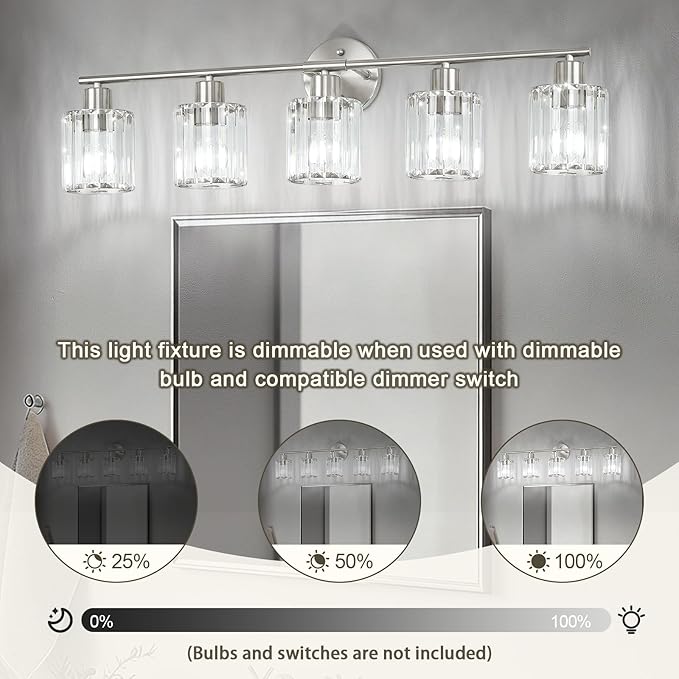 Crystal Bathroom Light Fixtures,Bathroom Lighting Fixtures Over Mirror, Modern 5-Light Brushed Nickel Vanity Lights for Mirror, Restroom,Kitchen(Ceramic E26 Socket,Bulbs Not Include)