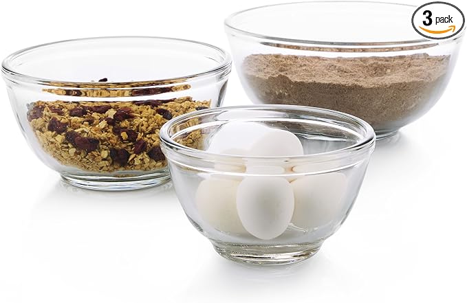 Libbey Baker's Basics 3-Piece Glass Mixing Bowls Set - Clear Bowls for Baking, Prep, Serving & Storage - Microwave, Oven, Freezer and Dishwasher Safe