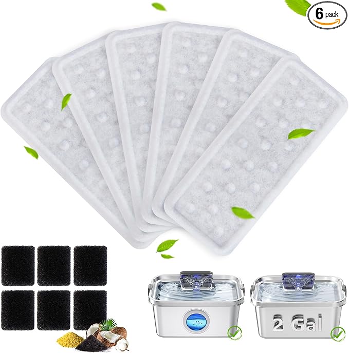 6 Pack Dog Water Fountain Filters and 6 Pack Sponges, Suitable for Stainless Steel Dog Water Fountain (PF-SS-01/PF-SS-02/PF-SS-03/PF-SS-04), High Efficiency Filtration, Idividual Package