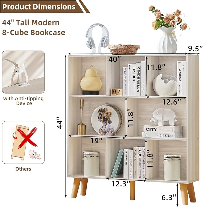 LEYAOYAO 8 Cube Bookshelf,Mid-Century Modern Bookcase with Legs,Light Grey | 3 Tier Book Shelf,Rustic Wood Bookshelves Freestanding Large Storage Organizer, Open Shelves for Bedroom, Living Room, Office
