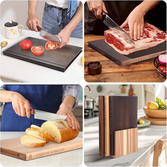 Book Cutting Board Set with Wooden Stand | Wooden Kitchen Book Shaped Cutting Board for Vegetables Cheese Meat, Chopping Board Gift Set for Home Cooks & Kitchen Decor