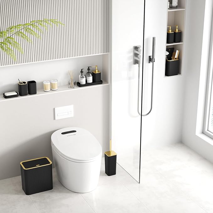 Bathroom Accessory Set - Bathroom Set, 12PC Bathroom Accessories Set, Black Bathroom Accessories Set, Mini Trash Can, Toilet Brush, Trash Can & Soap Dispenser