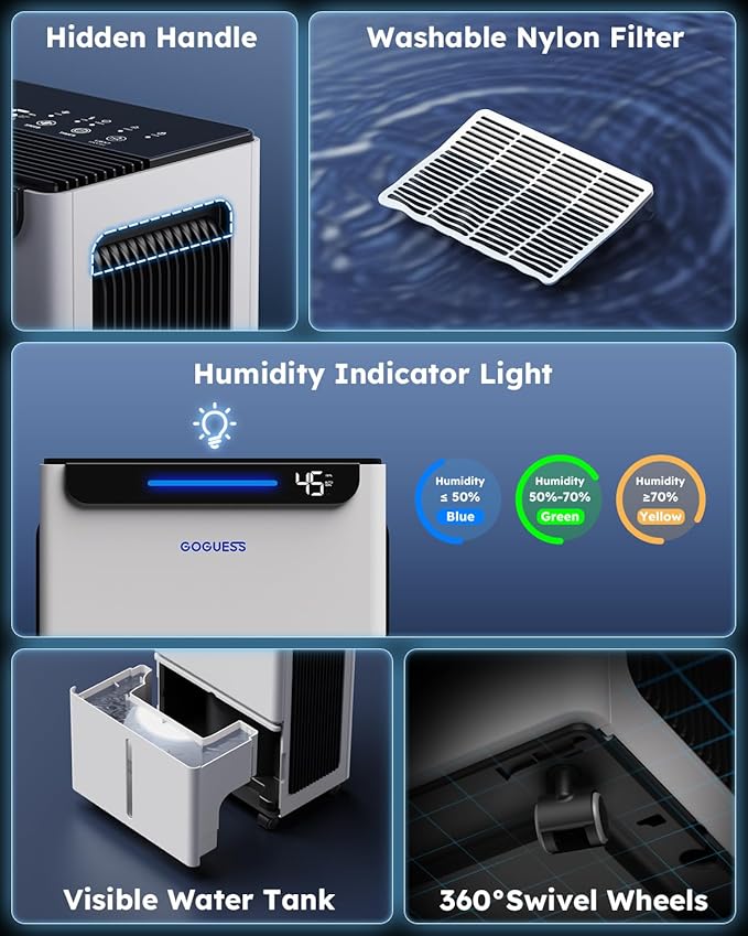 2500 Sq.ft Dehumidifier for Basement - 34 Pints, Drain Hose & Humidity Control Large Room Dehumidifiers for Home, RV, Bathroom, Bedroom - 3 Modes & 24H Timer White