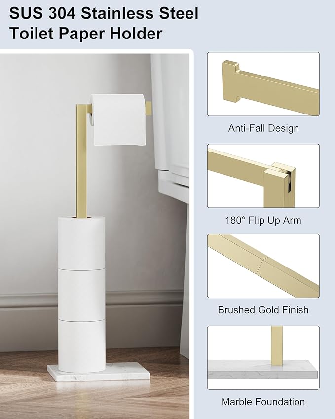 Toilet Paper Holder Stand Brushed Gold SUS 304 Stainless Steel Rustproof Free Standing 22 Inch Rotating Bathroom Tissue Roll Holder for 4 Rolls with Marble Base by HOMEMYSTIQUE