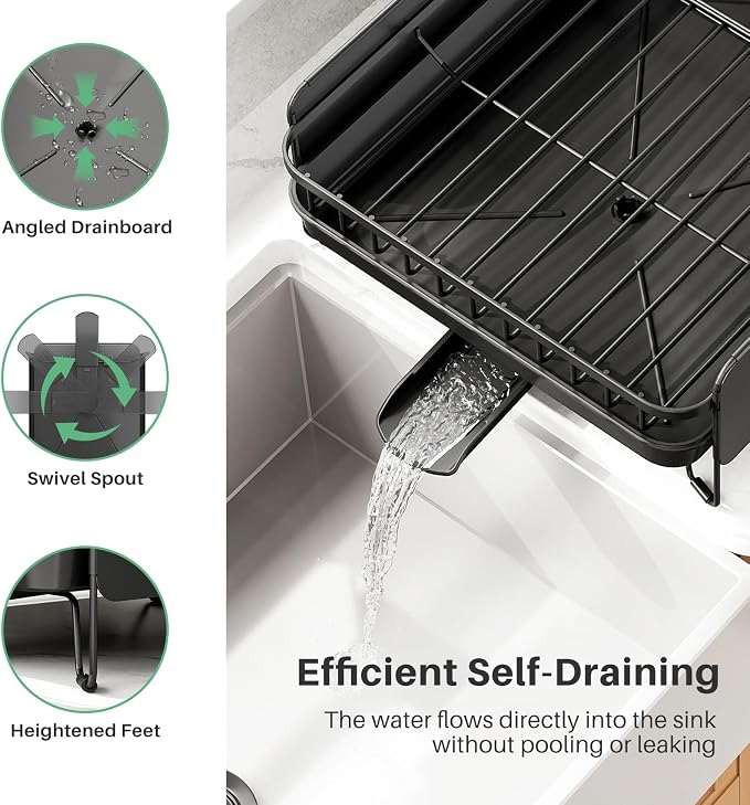 Large Expandable Dish Drying Rack for Kitchen Counter, 19.3-29.4 in, Black | Family Size Capacity, Adjustable Dividers for Pan, Lid & Cutting Board, Stainless Steel, Rotating Spout, Utensil Holder