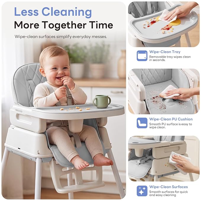 Baby High Chair, 3-in-1 Convertible High Chair for Babies and Toddlers, Built-in Leg Storage, Compact Pack-Away Design, Feeding Chair with Removable Tray, Silla De Comer para Bebe,Gray