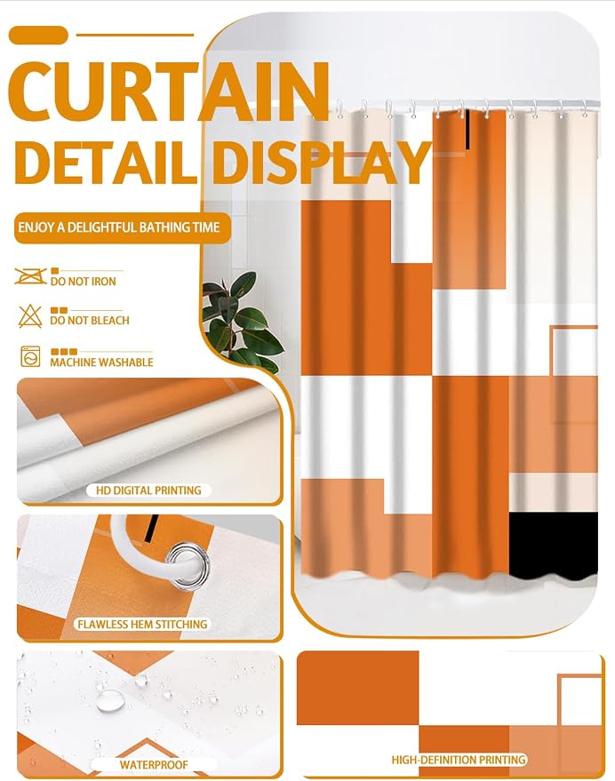 Lnond Orange Bathroom Set, 22-Piece Orange Abstract Bathroom Decor Set with with Shower Curtain and Rugs, Trash Can, Toilet Brush Holder Set & Soap Dispenser