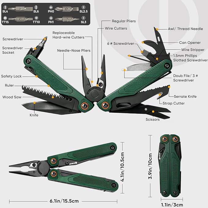 BIBURY Lightweight G10 Handle Multitool Pliers, 25-in-1 EDC Multi Tool with Replaceable Wire Cutters, Scissors, One-Hand Opening Pocket Knife Survival Tools for Camping, Repair,Survival -BI2048G