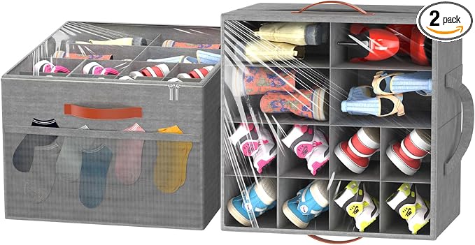 Aokeyee 2 Pack Shoe Organizer for Closet, Stackable Shoe Storage Box, Grey | Fits up to 32 Pairs, Space Saving, Foldable, Shoes Organizer Bin with Clear Cover, 4 Reinforced Handles