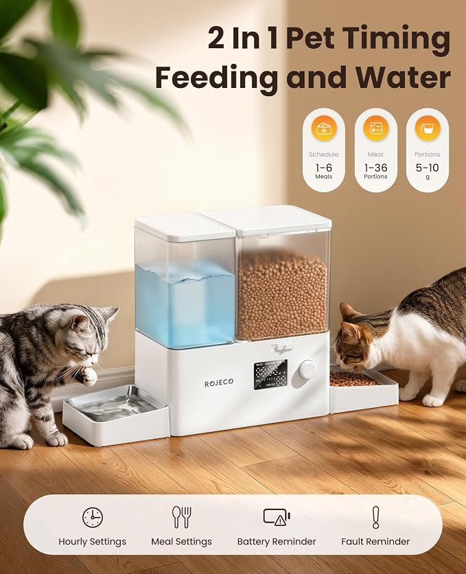 Automatic Cat Feeder & Water Dispenser,Button Customizable Feeding | 2 in 1 Feeding Drinking Water/5L Food Feeder,3.5L Water Fountain/Stainless Steel Bowls/Detachable Clean/White