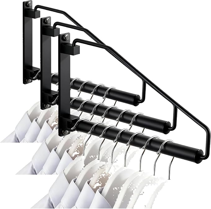 NEWRAIN Folding Clothes Hanger Rack, Wall Mounted Laundry Racks for Drying Clothes,Swing Clothing Hanging System Drying Closet Storage Organizer Black (Pack of 3)