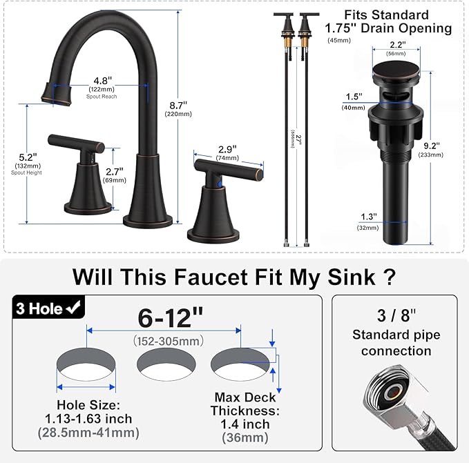 Bathroom Faucets for Sink 3 Hole, Hurran Oil Rubbed Bronze Bathroom Sink Faucet with Pop-up Drain and Supply Lines, Stainless Steel Lead-Free Widespread Faucet for Vanity RV, 2 Pack