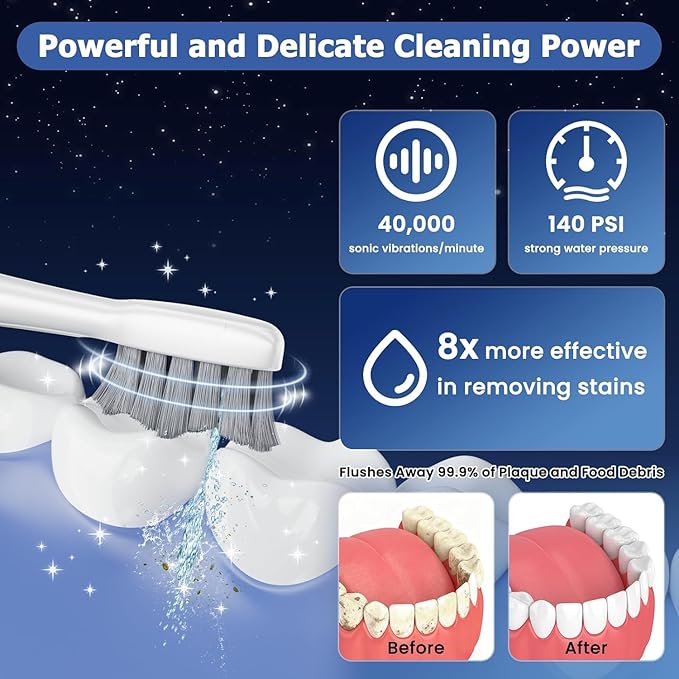 3-in-1 Electric Toothbrush with Water Flosser, Upgraded Flossing Toothbrush with 5 Speeds & 3 Modes, 30 Days/Charge for Teeth Cleaning and Plaque Removal, Sensitive Teeth & Dental Implants