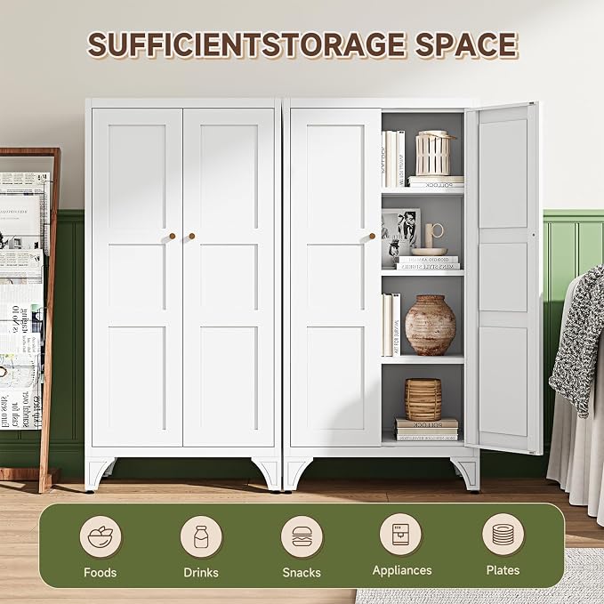 Metal Storage Cabinet with Doors and Shelves,47.3" H Bathroom Floor Kitchen Pantry Utility Cupboard Dining Home Office/Garage Organizers,White