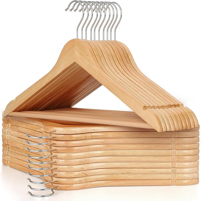 TOPIA HANGER Wooden Coat Hanger 20 Pack, Natural Wood Suit Hangers with Non Slip Pants Bar, 360° Swivel Hook and Shoulder Notches for Camisole, Jacket, Pants, Smooth Finish-CT34N20