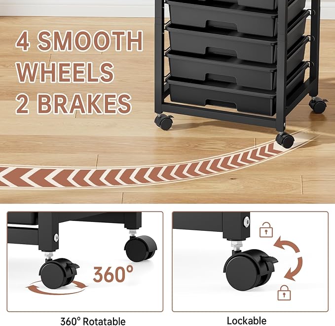 SYKIARIOL Rolling Storage Cart with Drawers,Utility Cart With 8 Drawers and Wooden Tabletop,Rolling Drawer Cart,Storage Drawer Cart for Living Room,Classroom,Bedroom,Bathroom,Dorm,Office, Black