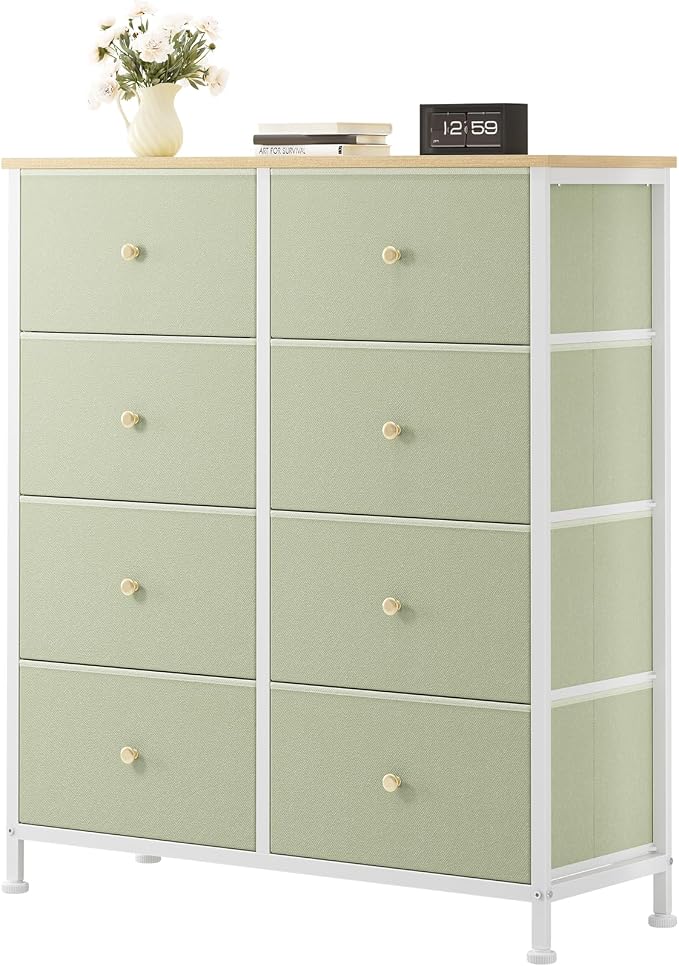 OLIXIS 8 Drawer Storage Dresser with Wood Top - Wide Fabric Chest Organizer for Bedroom, Closet, Living Room,Tower Cabinet, TV Stand, Hallway Entryway Furniture, Light Green