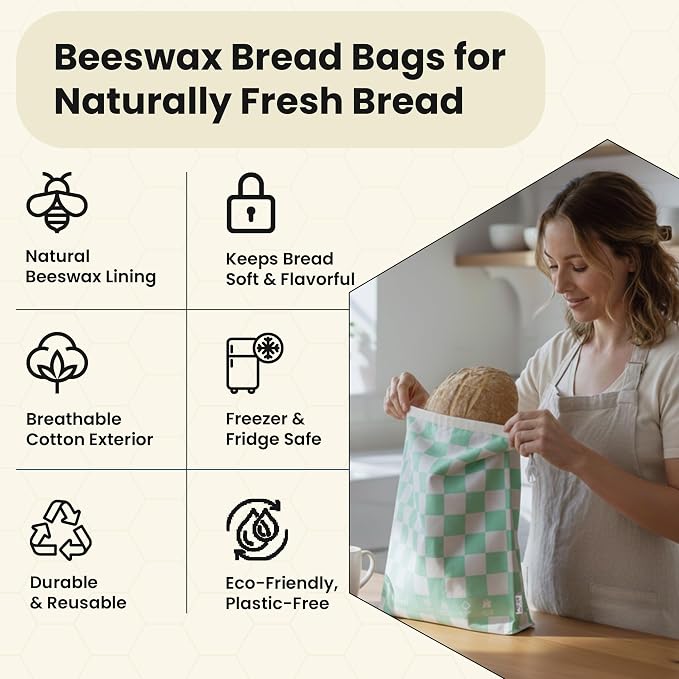 3-Pack Premium Reusable Beeswax Bread Bags for sourdough (XL, M, S) | 100% Organic Cotton, Secure Lock Closure, Freezer-Safe, Bread Storage, Breathable & Freshness Support, Eco-Friendly Bread Bag