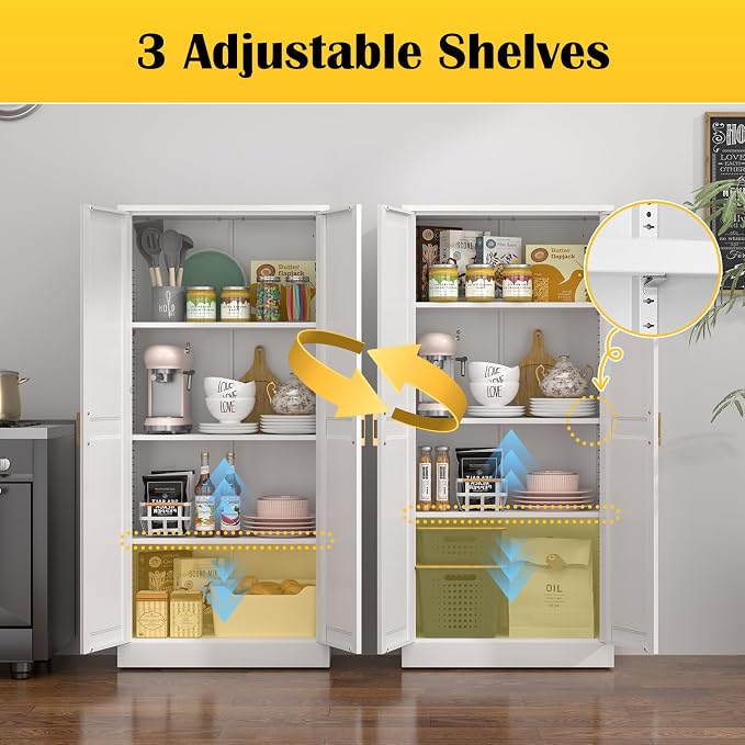 Steeloong 60"Metal Pantry Storage Cabinet with Doors & 3 Adjustable Shelves | Kitchen Pantry Cabinet,White Kitchen Cabinet with 2 Gold Handles,Tall Cabinet for Livingroom,Pantry, Bathroom,Kitchen