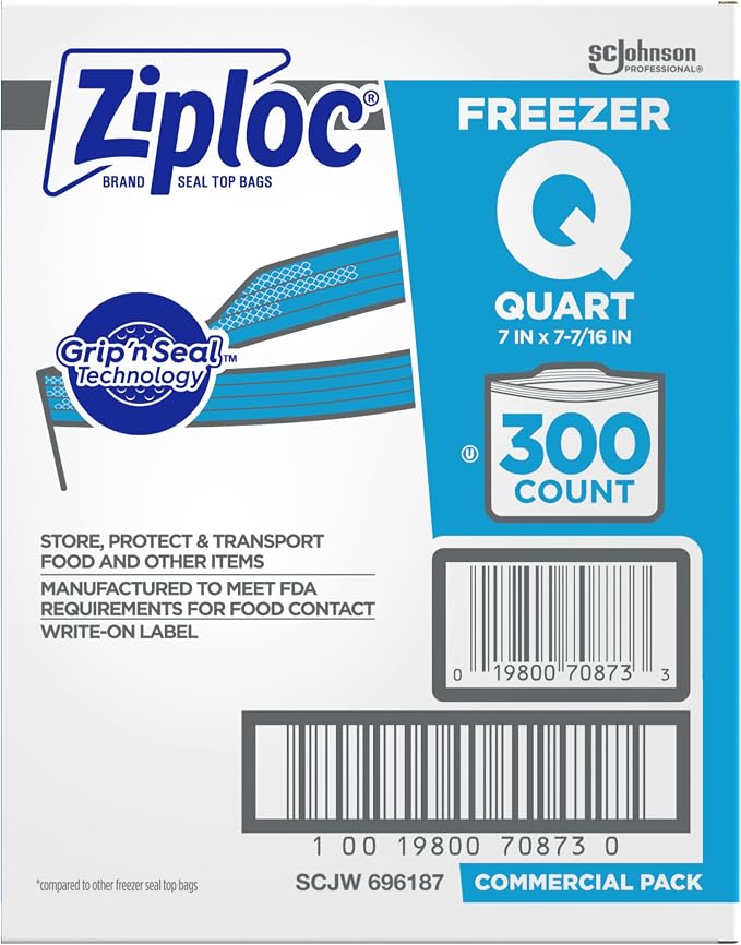 Ziploc Freezer Bags, For Food Organization and Storage, Double Zipper, Quart, 300 Count (Pack of 8, 2400 Count Total)