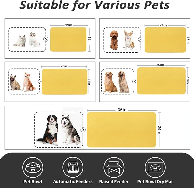HotLive Dog Food Mat - Absorbent Cat Mat for Food and Water, No Stains Pet Feeding Bowl Mat, Easy to Clean Pet Placemats, Quick Dry Dog Water Dispenser Mat for Messy Drinkers | Yellow 18"x 28"