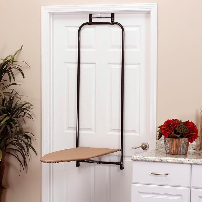 Household Essentials Over‑The‑Door Steel Top Ironing Board with Scorch‑Resistant Cotton Cover, Bronze Color