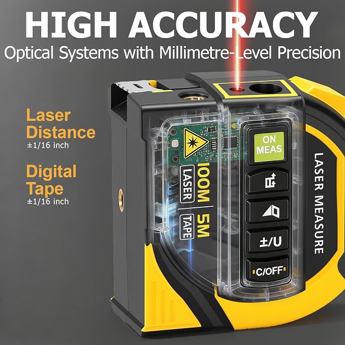 4-in-1 Digital Laser Tape Measure, 328ft/100m Laser Distance Meter with 16ft/5m AutoLock Measuring Tape, Dual-axis Angle, Cross-Line Leveling, Class II Laser Product, Output < 1mW
