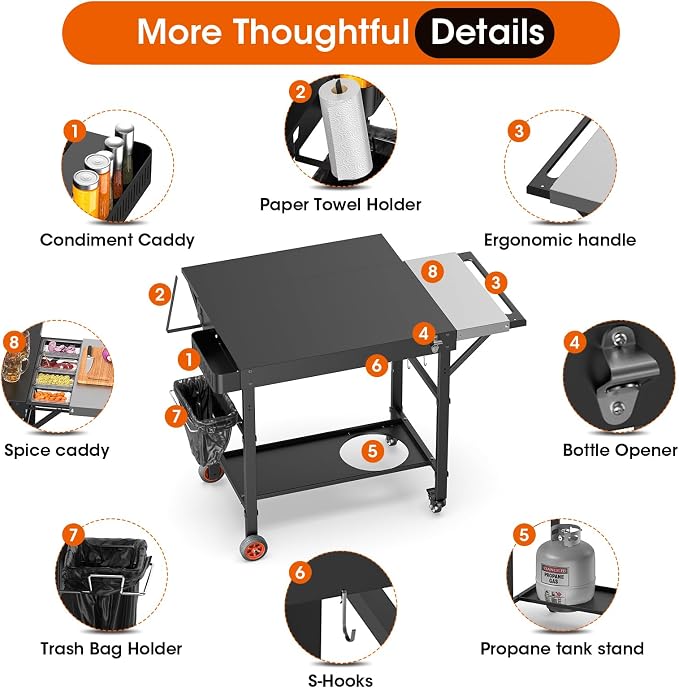 Pizza Oven Table for Ooni Pizza Ovens, Grill Cart Table with Topping Station, Pizzas Stands with Wheels, Expansive Countertop Pizzas Oven Accessories for Party Fits Blackstone Ninja Cuisinart Gozney