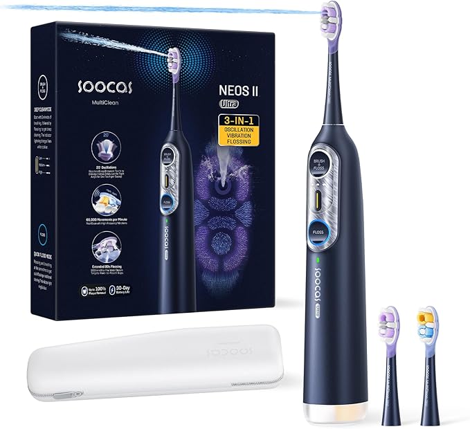 Soocas NEOS II Ultra – Electric Toothbrush with Water Flosser Combo, 3-in-1: Flosses, Vibrates and Oscillates, Flossing Toothbrush for Adults, Cordless Water Flosser for Travel, Midnight Blue