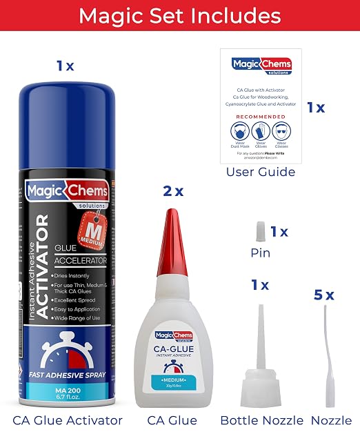 Magic Chems CA Glue with Activator Kit (2 x 0.8 oz Glue + 6.7 fl oz Activator), Cyanoacrylate Adhesive for 3D Printing & Acrylic, Strong Bond Super Glue Accelerator Set (1 Pack)